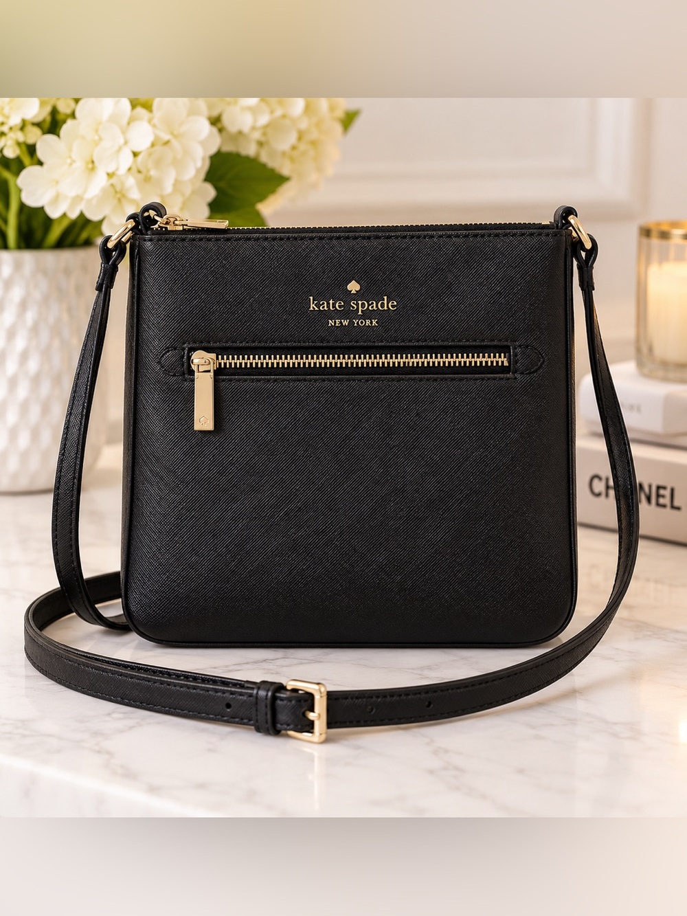 Kate Spade New York Black Saffiano Leather Crossbody Bag Gold Hardware